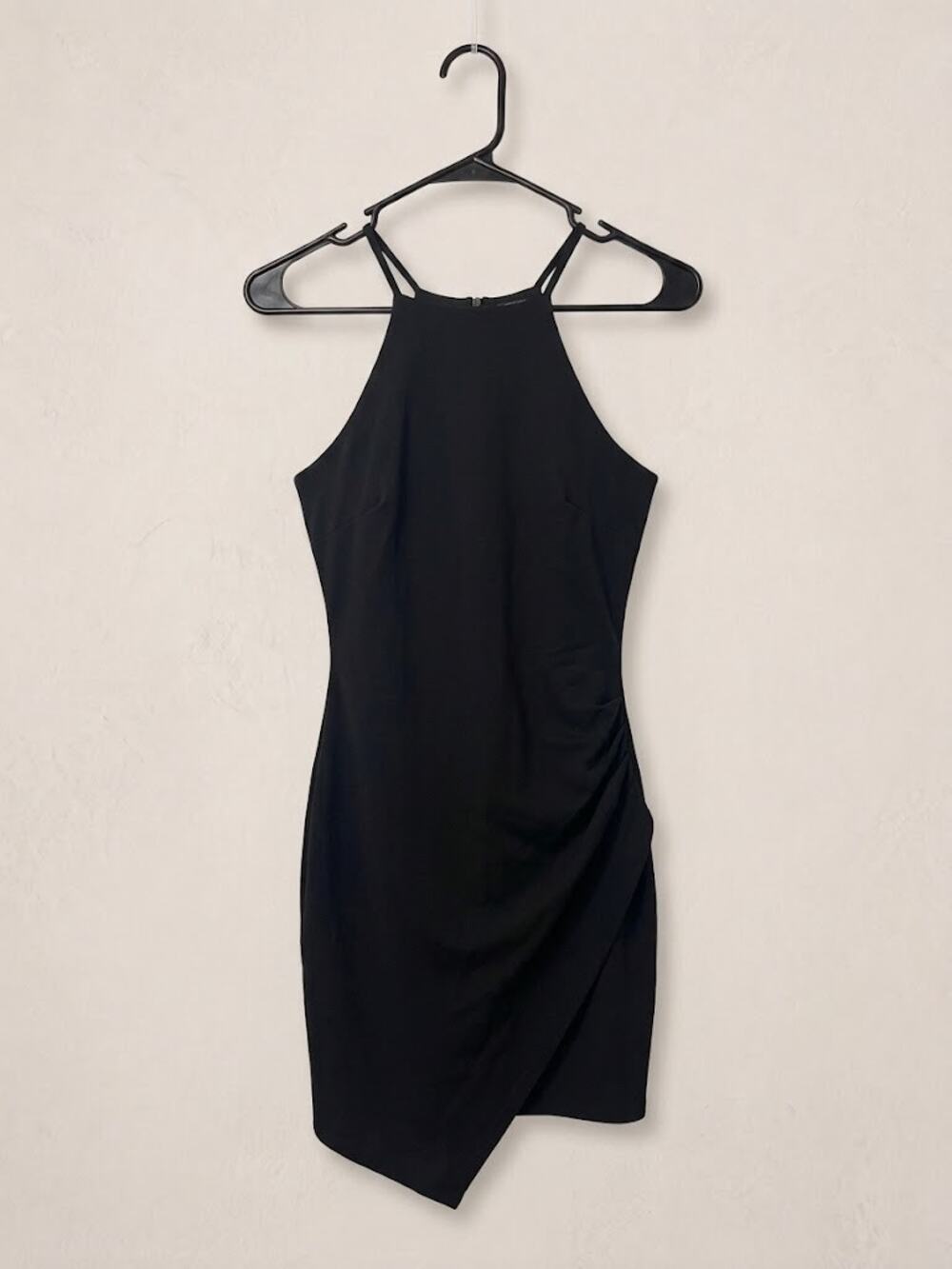 AKIRA Black Asymmetrical Bodycon Mini Dress Strappy Wrap Hem